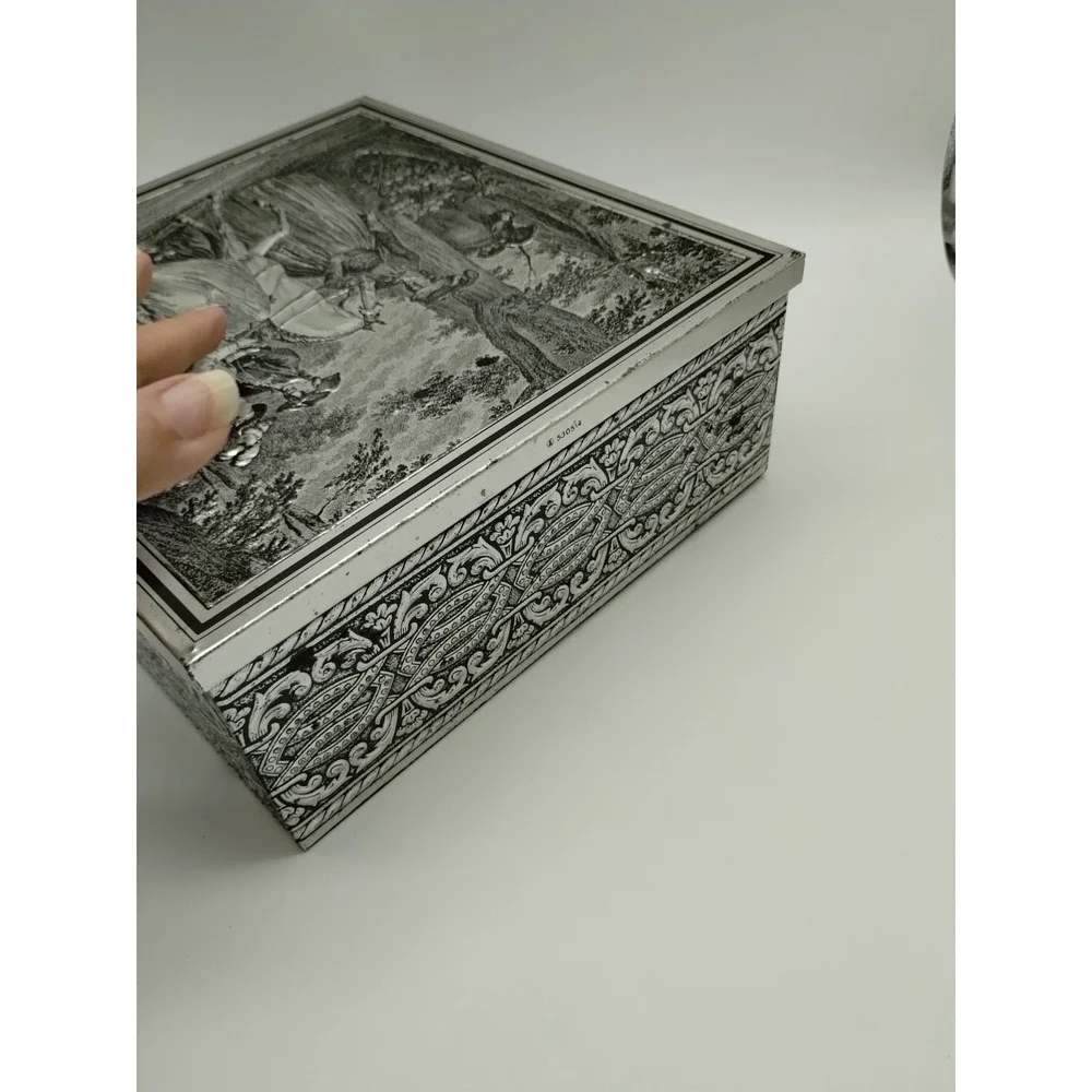 Vintage Biscuit Tin Box Embossed Colonial Equestrian Forest Theme Silver Toned